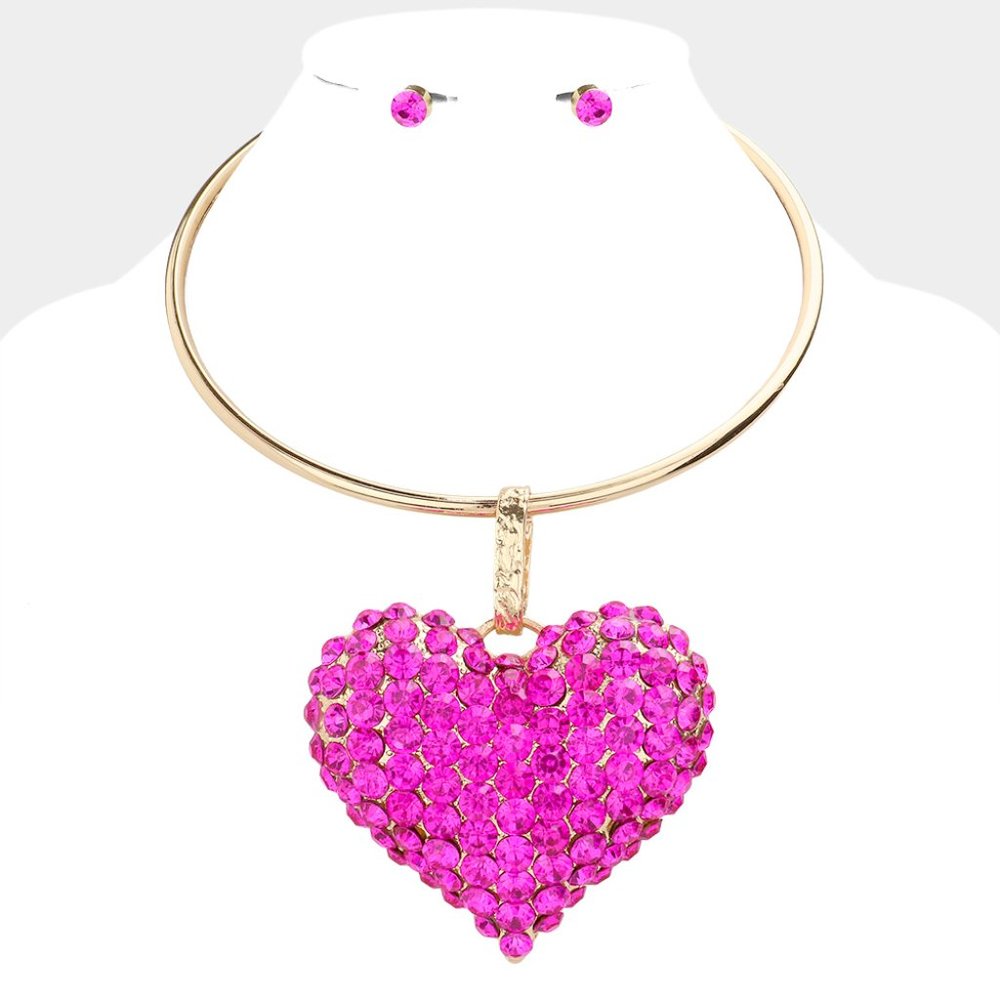 Fuchsia Cluster Stone Heart Pendant Necklace Set